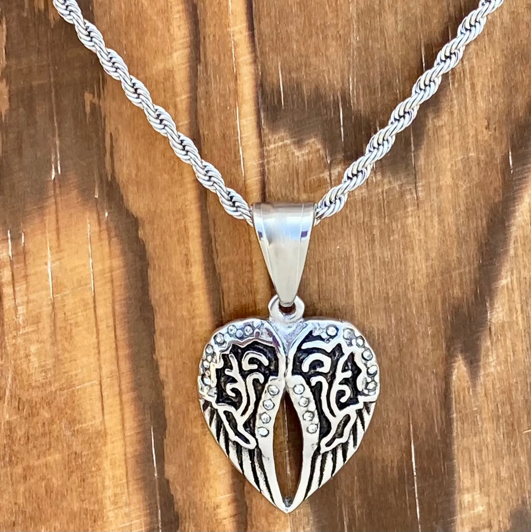 Angel Wing Heart Mini - Pendant - Rope Necklace - Silver Bling - 036C