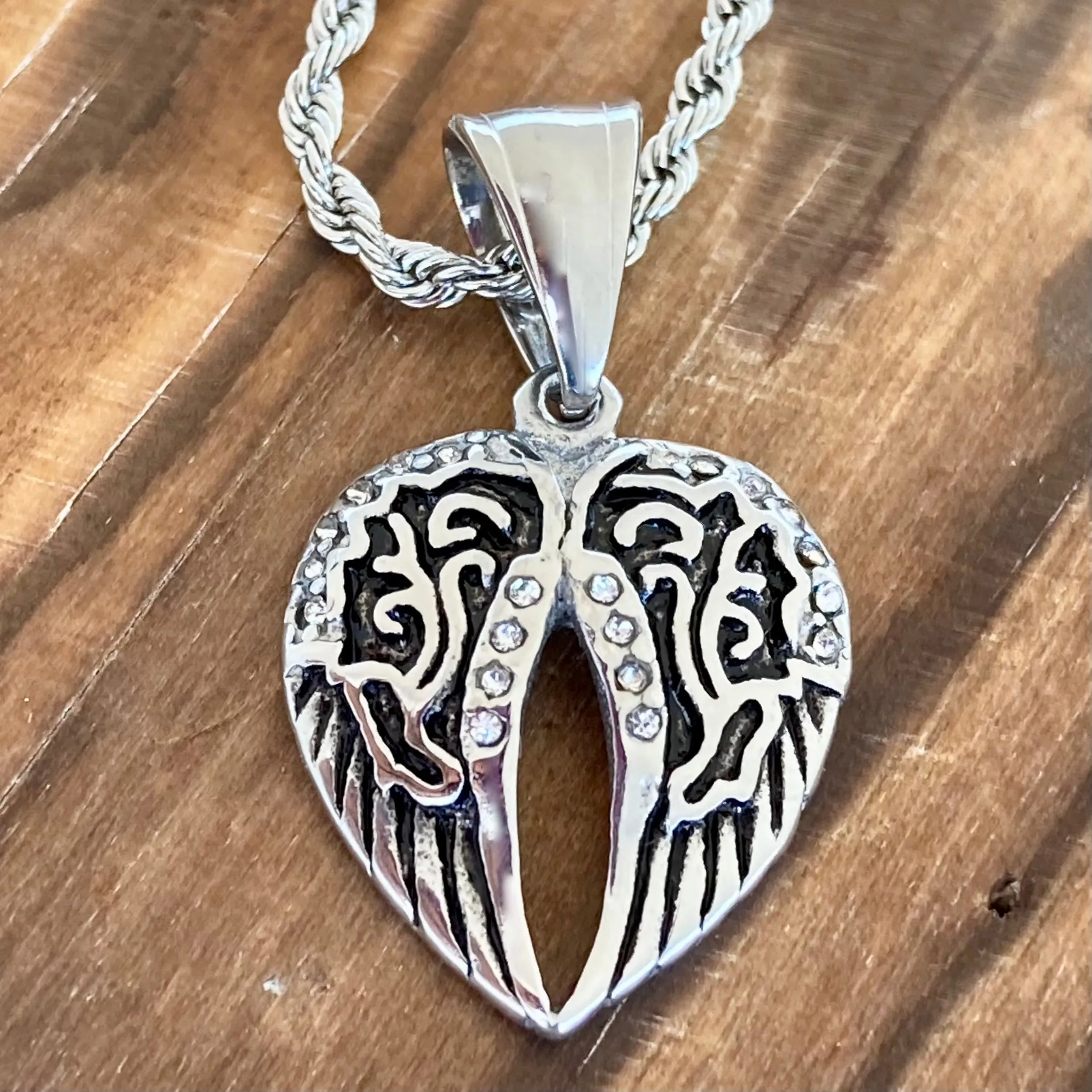 Angel Wing Heart Mini - Pendant - Rope Necklace - Silver Bling - 036C