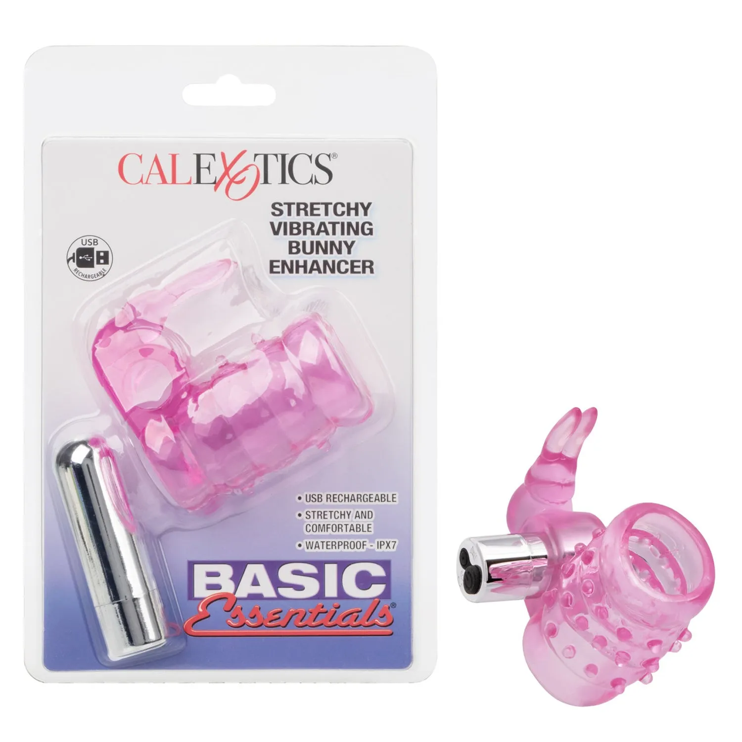 Basic Essentials Stretchy Vibrating Bunny Enhancer - Pink