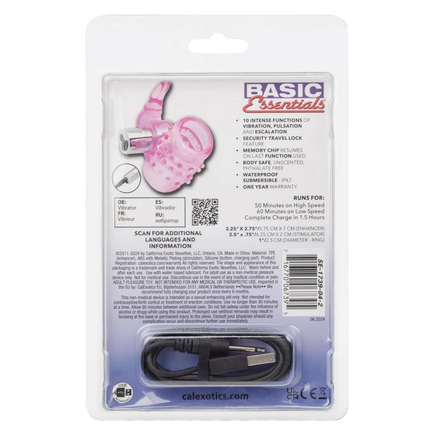 Basic Essentials Stretchy Vibrating Bunny Enhancer - Pink