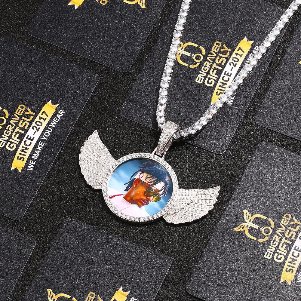 Custom 18k Gold Plated Wings Photo Medallion Necklace