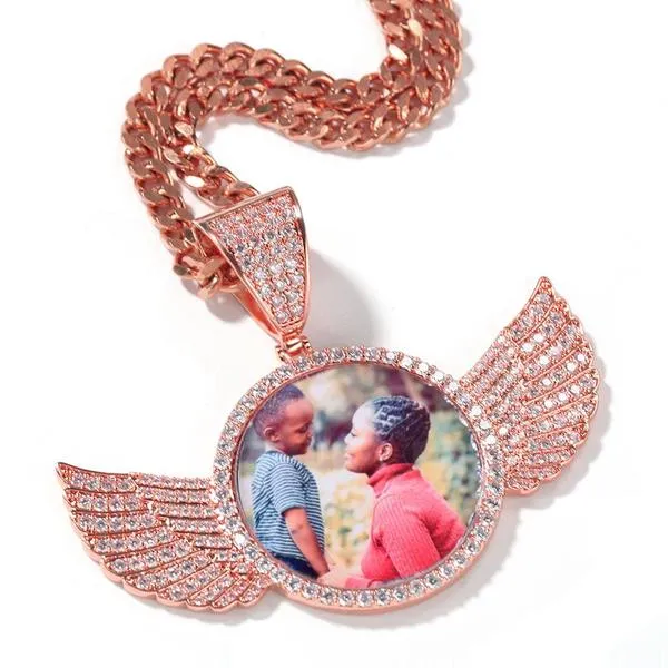 Custom 18k Gold Plated Wings Photo Medallion Necklace