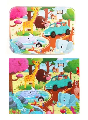 Wooden Jigsaw 120 Pieces Cartoon Animals Fairy Tales Puzzles Children Wood Early Learning Set Montessori Education Toy Kids Gift, Zoo